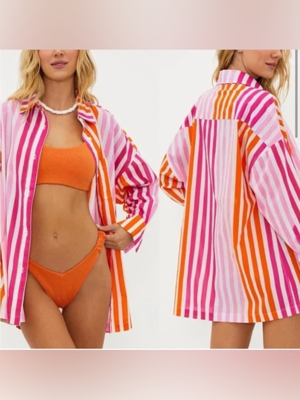 Beach Riot Alexa Coverup Button Down 100% Cotton Stripes Pink Orange Beach Swim